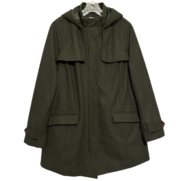 Hooded Peacoat Wool Dark Moss Olive Green Zipper Front Womens Size XXL
