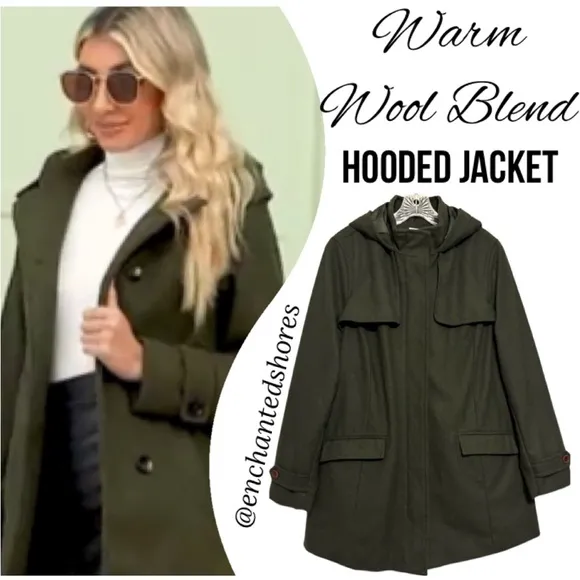 Hooded Peacoat Wool Dark Moss Olive Green Zipper Front Womens Size XXL