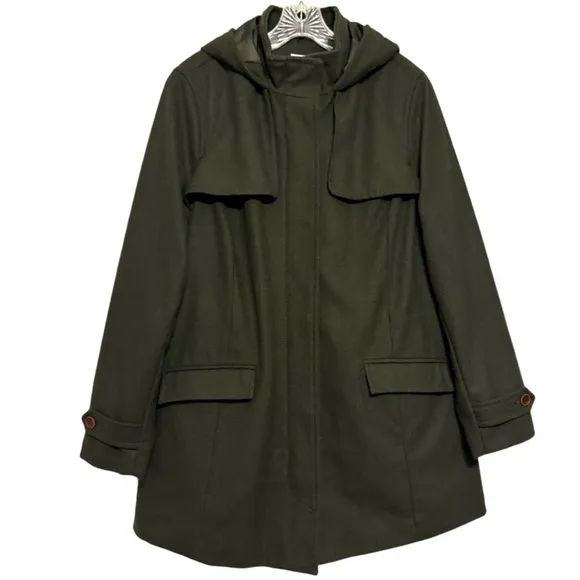 Hooded Peacoat Wool Dark Moss Olive Green Zipper Front Womens Size XXL