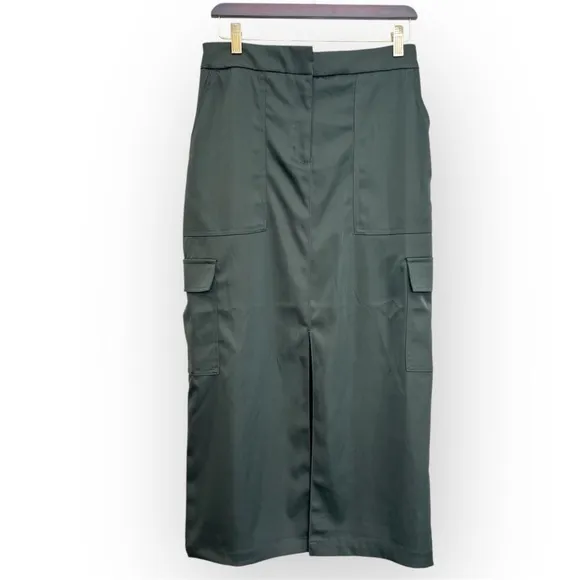 House of Harlow satin maxi utility skirt with front slit, green, size S