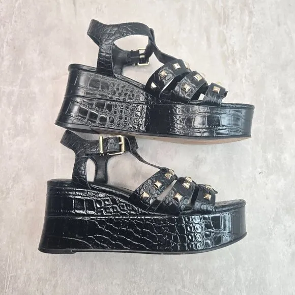 Huarache Fisherman Platform Sandals Black Croc Y2K Grunge Studded Chunky Wedges
