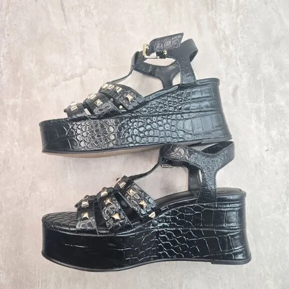 Huarache Fisherman Platform Sandals Black Croc Y2K Grunge Studded Chunky Wedges