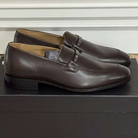 Hugo Boss Colby Brown Leather Loafers Logo Accent 8.5 Casual Slip-On Shoes NWB