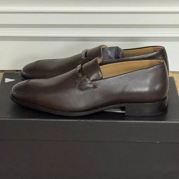 Hugo Boss Colby Brown Leather Loafers Logo Accent 8.5 Casual Slip-On Shoes NWB