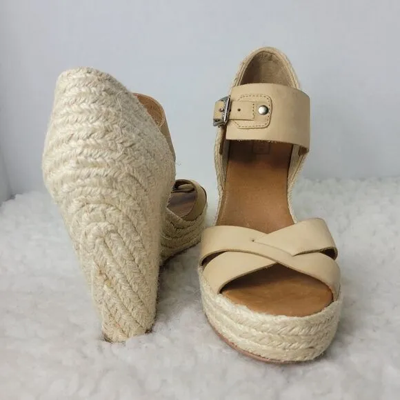 Hunter Anegada Espadrille Size 6 Wedges Tan Leather Straps Shoes