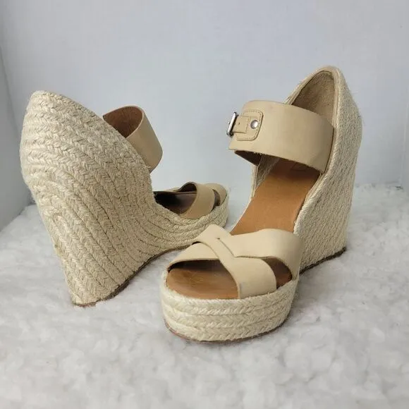 Hunter Anegada Espadrille Size 6 Wedges Tan Leather Straps Shoes