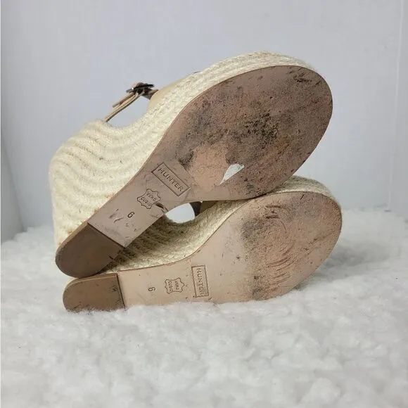 Hunter Anegada Espadrille Size 6 Wedges Tan Leather Straps Shoes