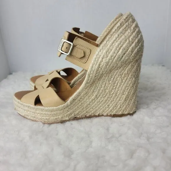 Hunter Anegada Espadrille Size 6 Wedges Tan Leather Straps Shoes