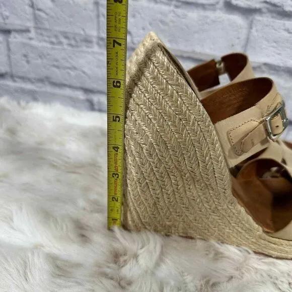 Hunter Anegada Espadrille Wedges Womens 7 Tan Leather Straps Peep Toe Buckle