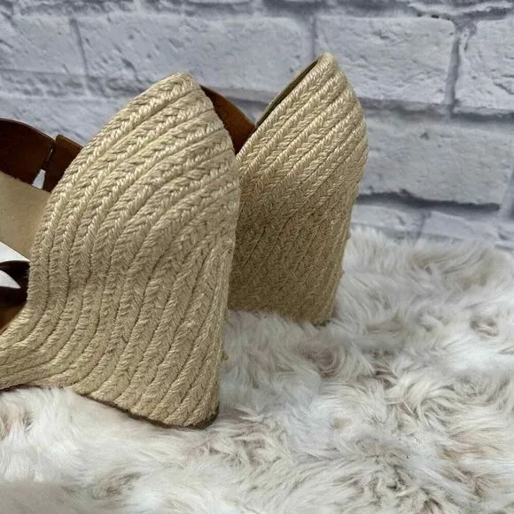 Hunter Anegada Espadrille Wedges Womens 7 Tan Leather Straps Peep Toe Buckle
