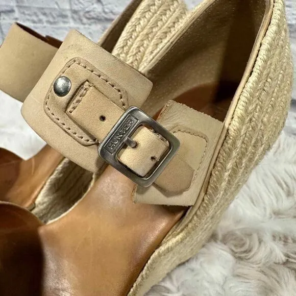 Hunter Anegada Espadrille Wedges Womens 7 Tan Leather Straps Peep Toe Buckle