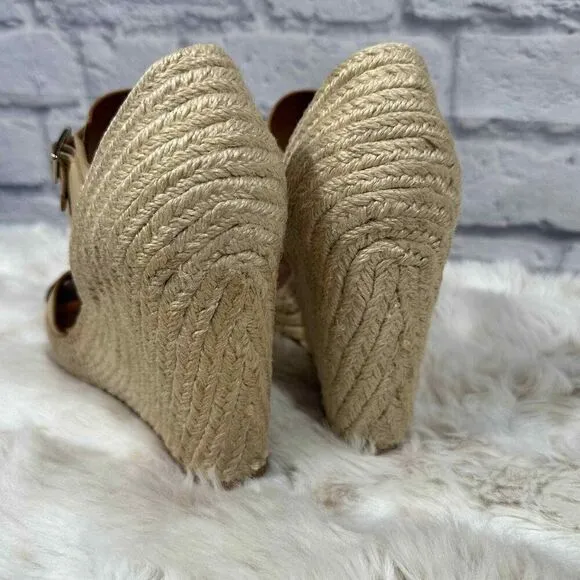 Hunter Anegada Espadrille Wedges Womens 7 Tan Leather Straps Peep Toe Buckle