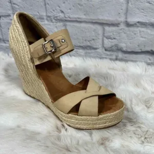 Hunter Anegada Espadrille Wedges Womens 7 Tan Leather Straps Peep Toe Buckle