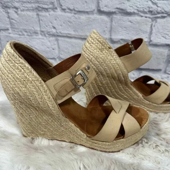 Hunter Anegada Espadrille Wedges Womens 7 Tan Leather Straps Peep Toe Buckle