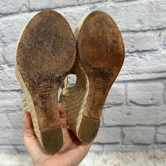Hunter Anegada Espadrille Wedges Womens 7 Tan Leather Straps Peep Toe Buckle