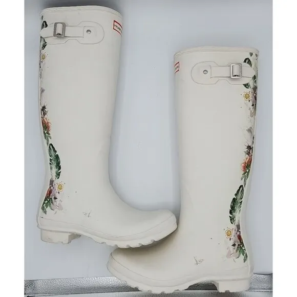 Hunter Original Tall Wellies Botanical Floral Shaded White RARE UK 6 US 8 EU 39