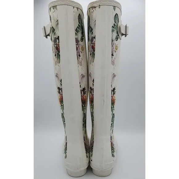 Hunter Original Tall Wellies Botanical Floral Shaded White RARE UK 6 US 8 EU 39