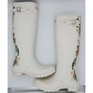 Hunter Original Tall Wellies Botanical Floral Shaded White RARE UK 6 US 8 EU 39