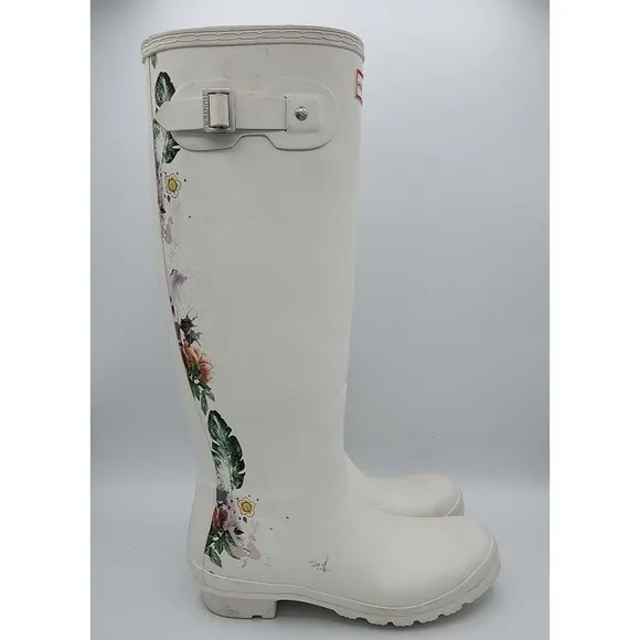 Hunter Original Tall Wellies Botanical Floral Shaded White RARE UK 6 US 8 EU 39