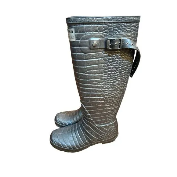 Hunter x Jimmy Choo Croc Wellington Special Edition Boots Size US 7 Dark Gray Cr