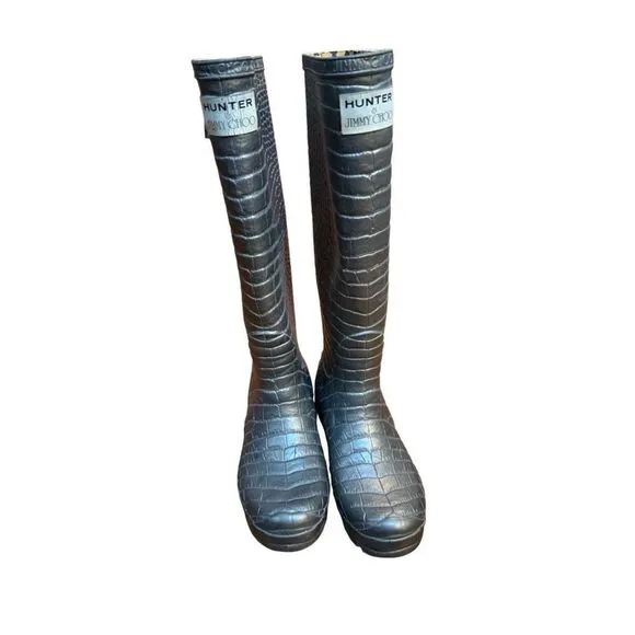 Hunter x Jimmy Choo Croc Wellington Special Edition Boots Size US 7 Dark Gray Cr