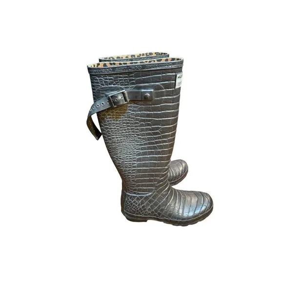 Hunter x Jimmy Choo Croc Wellington Special Edition Boots Size US 7 Dark Gray Cr