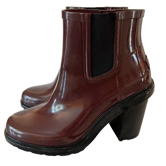 Hunter Heeled Rain Boots Burgundy Size 6.5