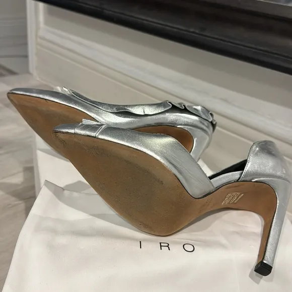IRO D’Orsay Leather Metallic Silver Ruffle Heel Shoes. Very stylish w/Dust Bag