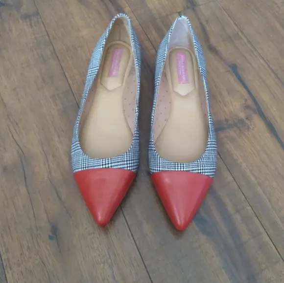 Isaac Mizrahi Glen Plaid and Red Leather Pointed Toe Flats