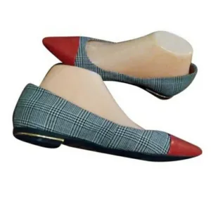 Isaac Mizrahi Glen Plaid and Red Leather Pointed Toe Flats