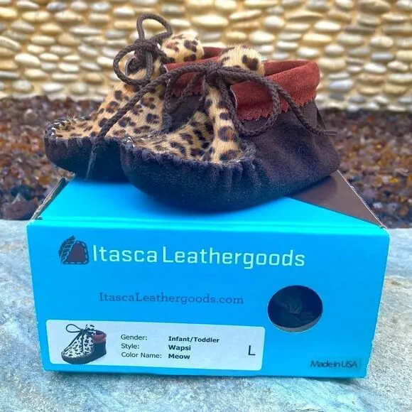 Itasca Leathergoods Baby/Infant Wapsi 'Meow' Leopard Moccasin/Shoes. Large. NWOT