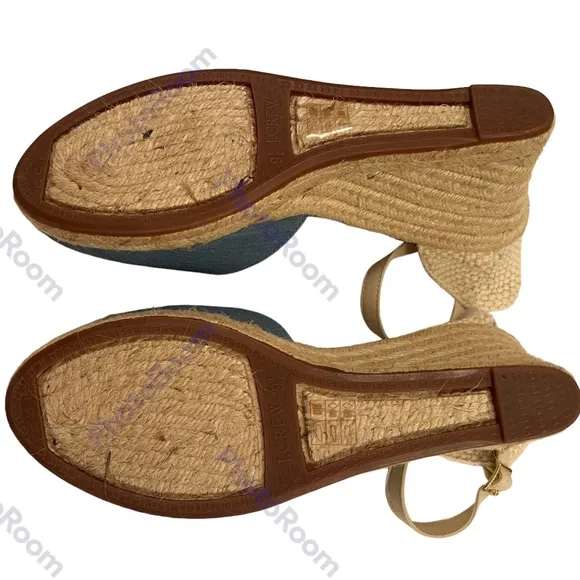 J. Crew Blue Chambray Ankle Strap Espadrille Wedges Size 9.5