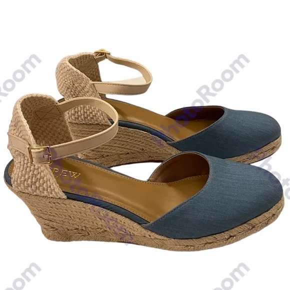 J. Crew Blue Chambray Ankle Strap Espadrille Wedges Size 9.5