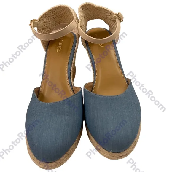 J. Crew Blue Chambray Ankle Strap Espadrille Wedges Size 9.5
