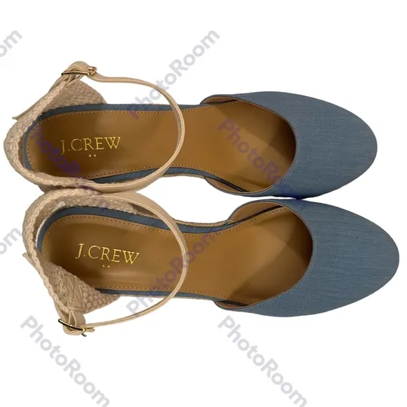 J. Crew Blue Chambray Ankle Strap Espadrille Wedges Size 9.5