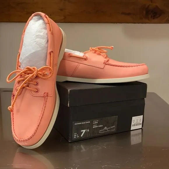 J CREW “Bright Coral” Leather Boat Shoes