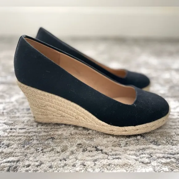 J. Crew Canvas Espadrille Wedges in Black and Beige Rope Size 9 Style #AL003