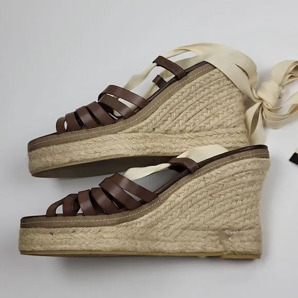 J. Crew Espadrille Wedges Brown Ankle Wrap Strap, Size - 9