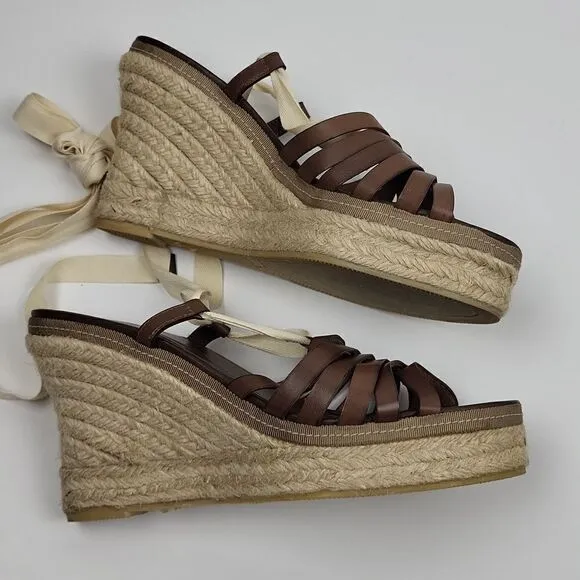 J. Crew Espadrille Wedges Brown Ankle Wrap Strap, Size - 9