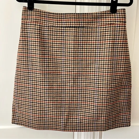 J. Crew Factory Wool-Blend Mini Skirt in Houndstooth Brown Sz 10
