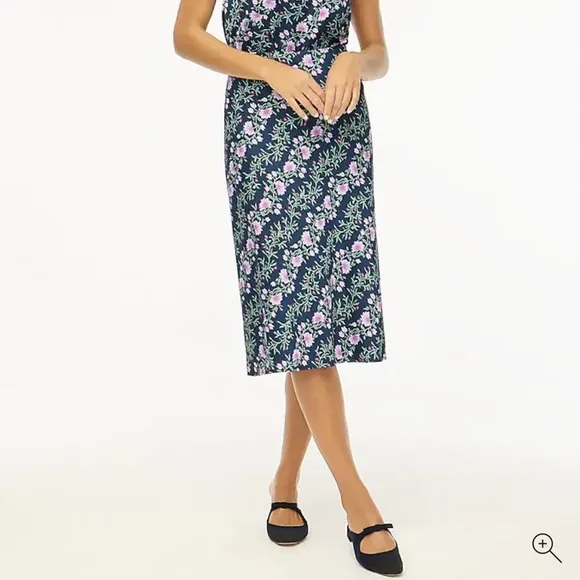 J Crew Floral Skirt Midi Blue Pink Purple Vine Silk Stretch Waistband NWT Small