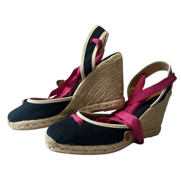 J. Crew Navy &amp; Pink Ballet Leg Tie Espadrille Wedges Size 9 NWOT