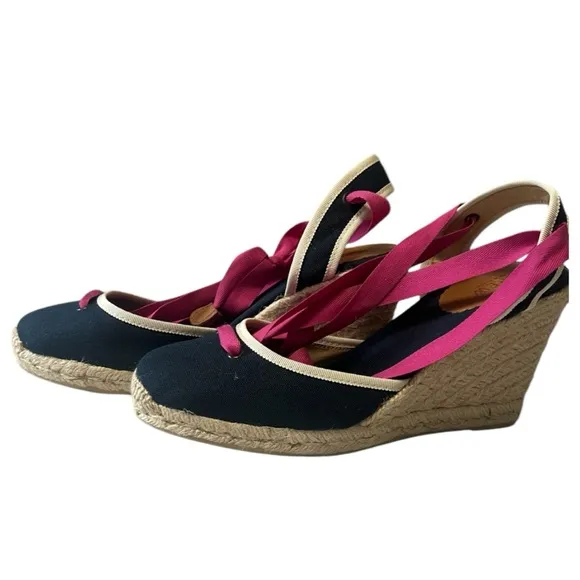 J. Crew Navy &amp; Pink Ballet Leg Tie Espadrille Wedges Size 9 NWOT