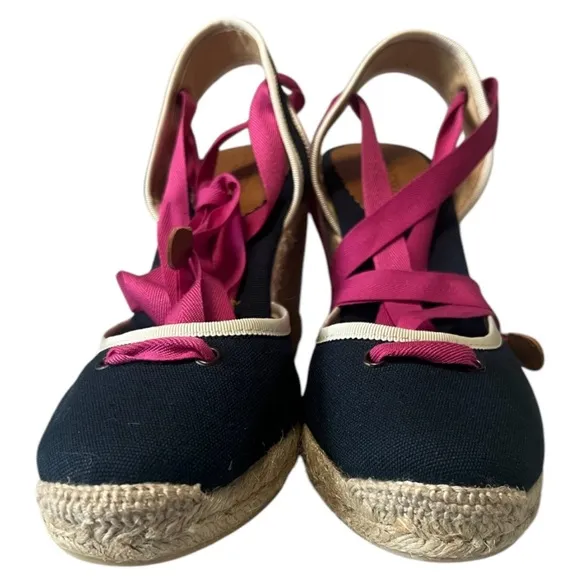 J. Crew Navy &amp; Pink Ballet Leg Tie Espadrille Wedges Size 9 NWOT