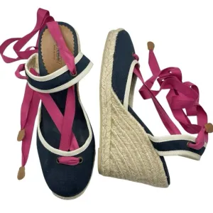 J. Crew Navy &amp; Pink Ballet Leg Tie Espadrille Wedges Size 9 NWOT