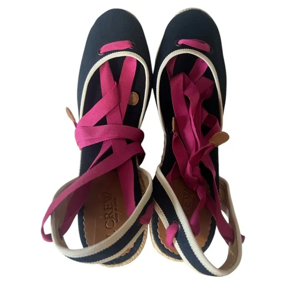 J. Crew Navy &amp; Pink Ballet Leg Tie Espadrille Wedges Size 9 NWOT