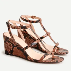 J. Crew NWT Snake Embossed Leather T-Strap Wedges - Brown, Style AP464