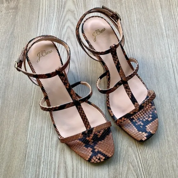 J. Crew NWT Snake Embossed Leather T-Strap Wedges - Brown, Style AP464