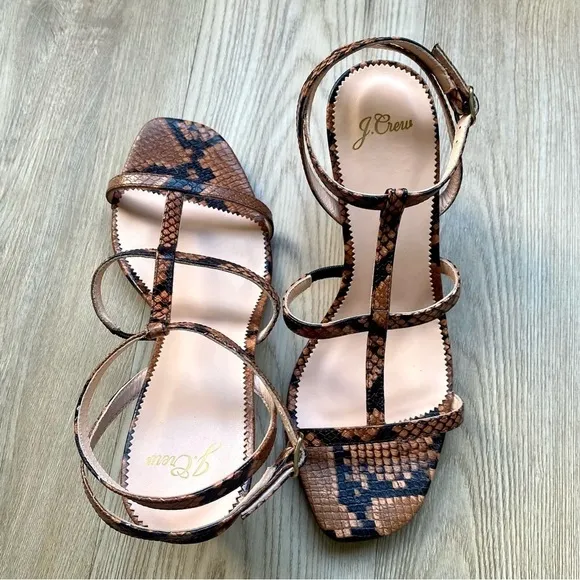 J. Crew NWT Snake Embossed Leather T-Strap Wedges - Brown, Style AP464
