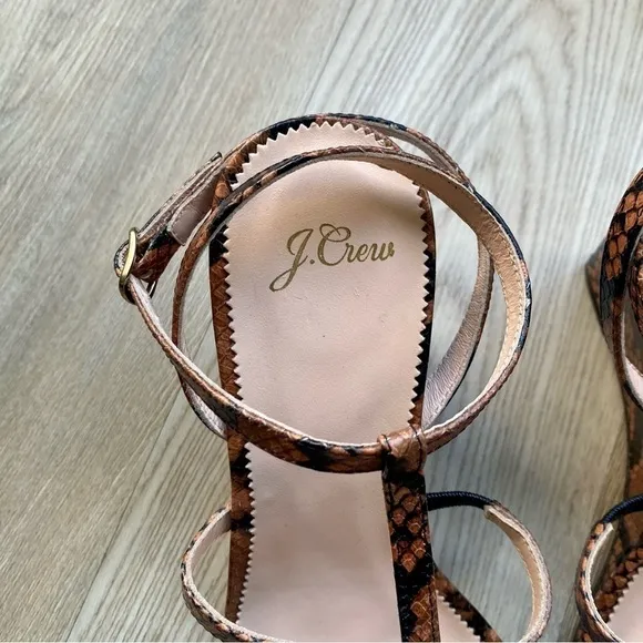 J. Crew NWT Snake Embossed Leather T-Strap Wedges - Brown, Style AP464